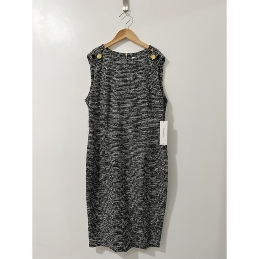 Calvin Klein Women Size 14 Black White Tweed Sleeveless Sheath Dress Gold Button